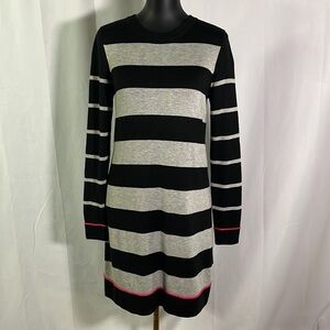 Vince Camuto Black Gray & Pink Striped Long Sleeve Crewneck Sweater Dress